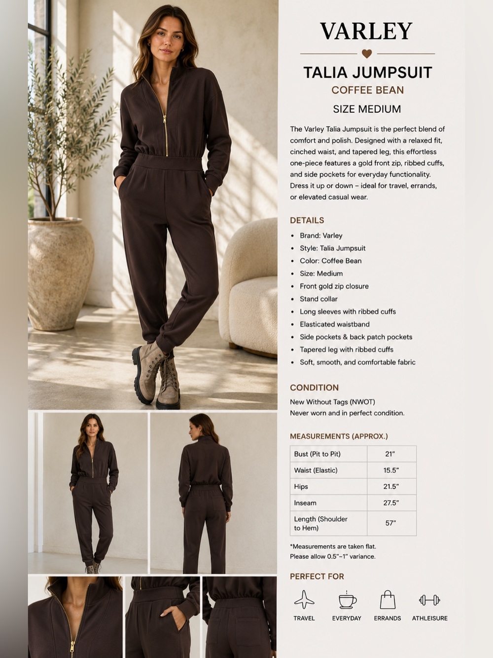 Varley Talia Jumpsuit Coffee Bean Brown Zip Front Jogger Medium NWOT DM2